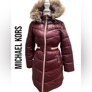 Michael Kors Girls Puffer Jacket With Faux Fur Trim Hood
